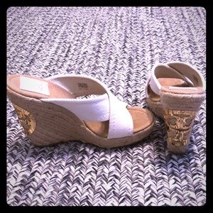 Tory Burch White Slip-on Emblem Wedges